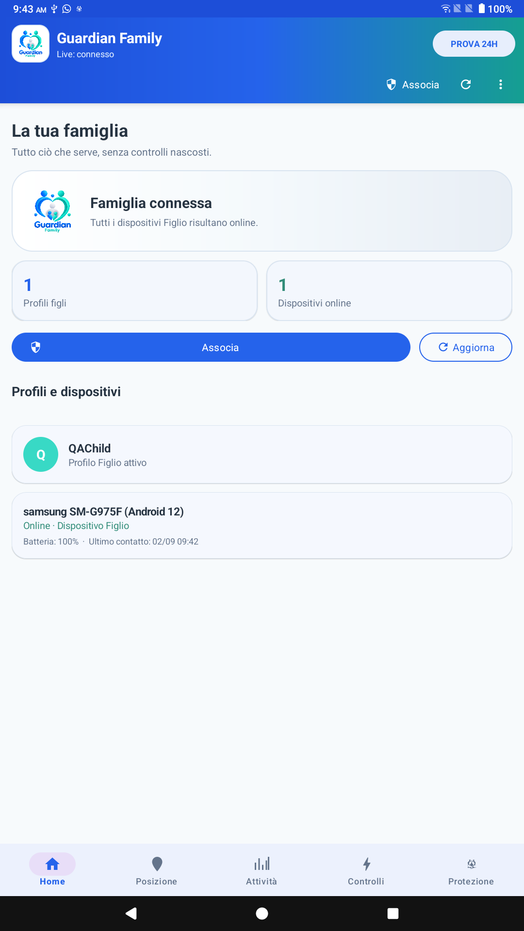 Schermata Famiglia di Guardian Family Android con profilo QAChild, dispositivo associato e pulsante Associa