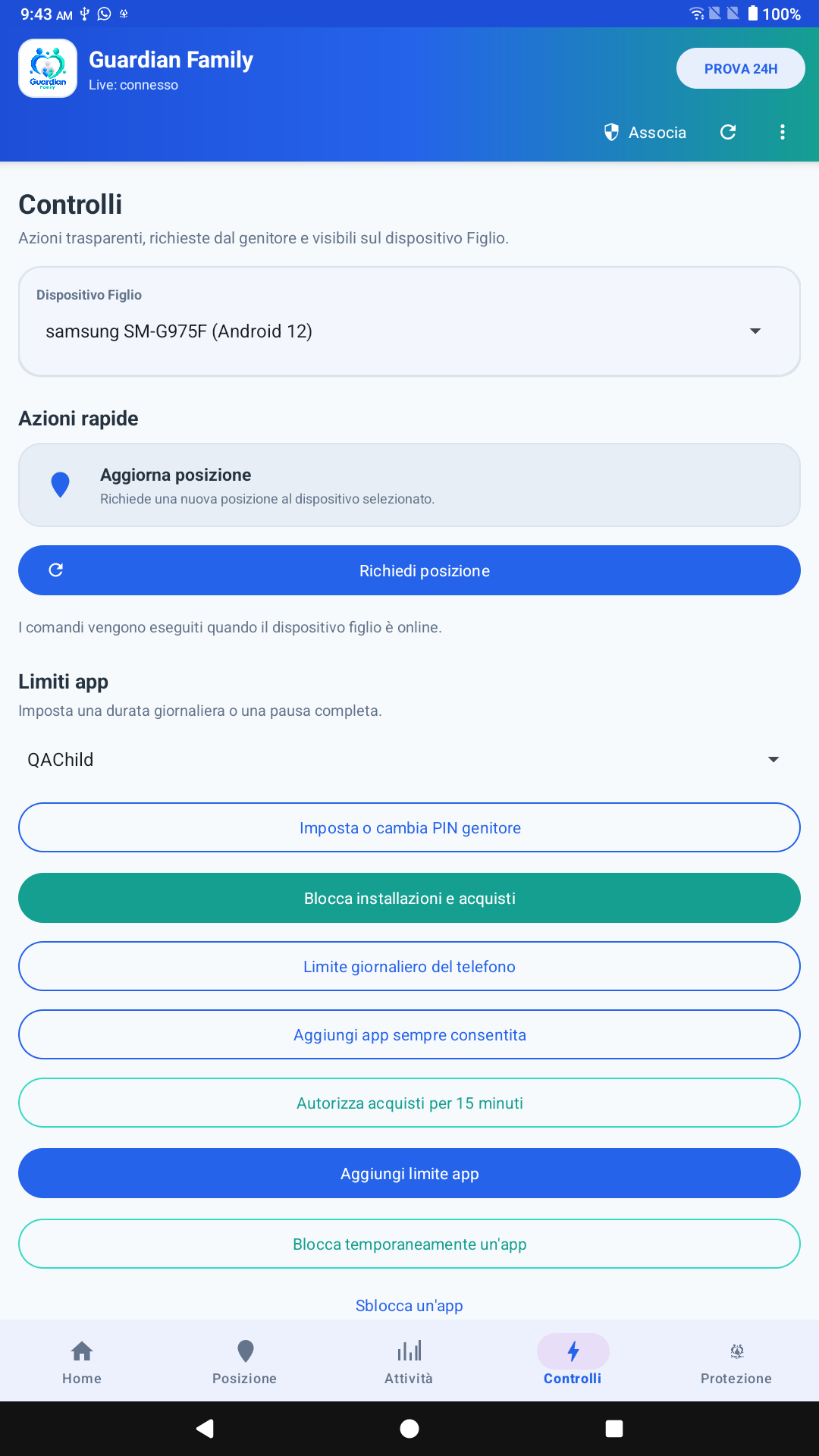 Schermata Controlli di Guardian Family Android con selezione del dispositivo e comandi per i limiti delle app