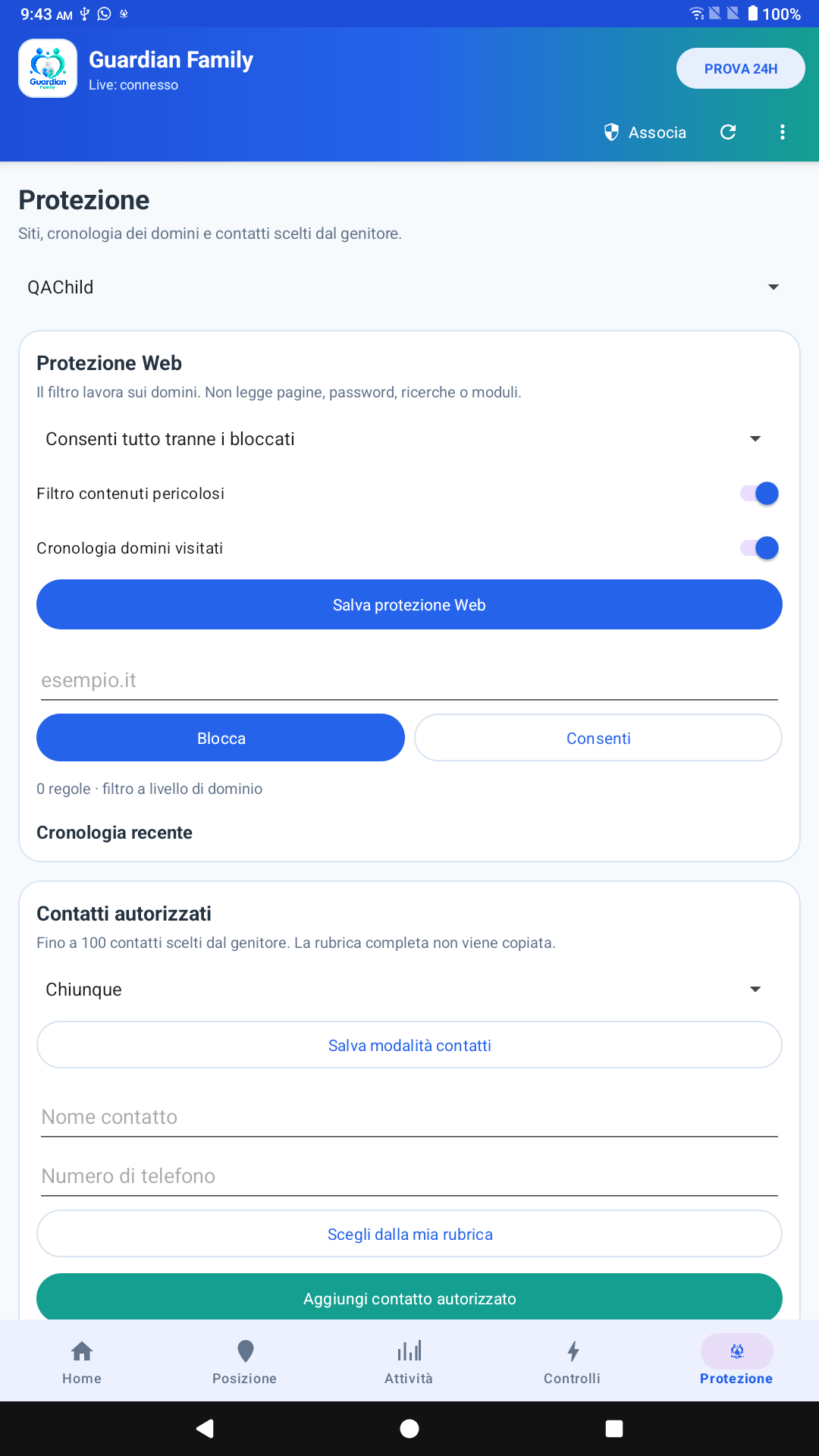 Schermata Protezione Android con filtro contenuti, cronologia dei domini e regole Blocca e Consenti